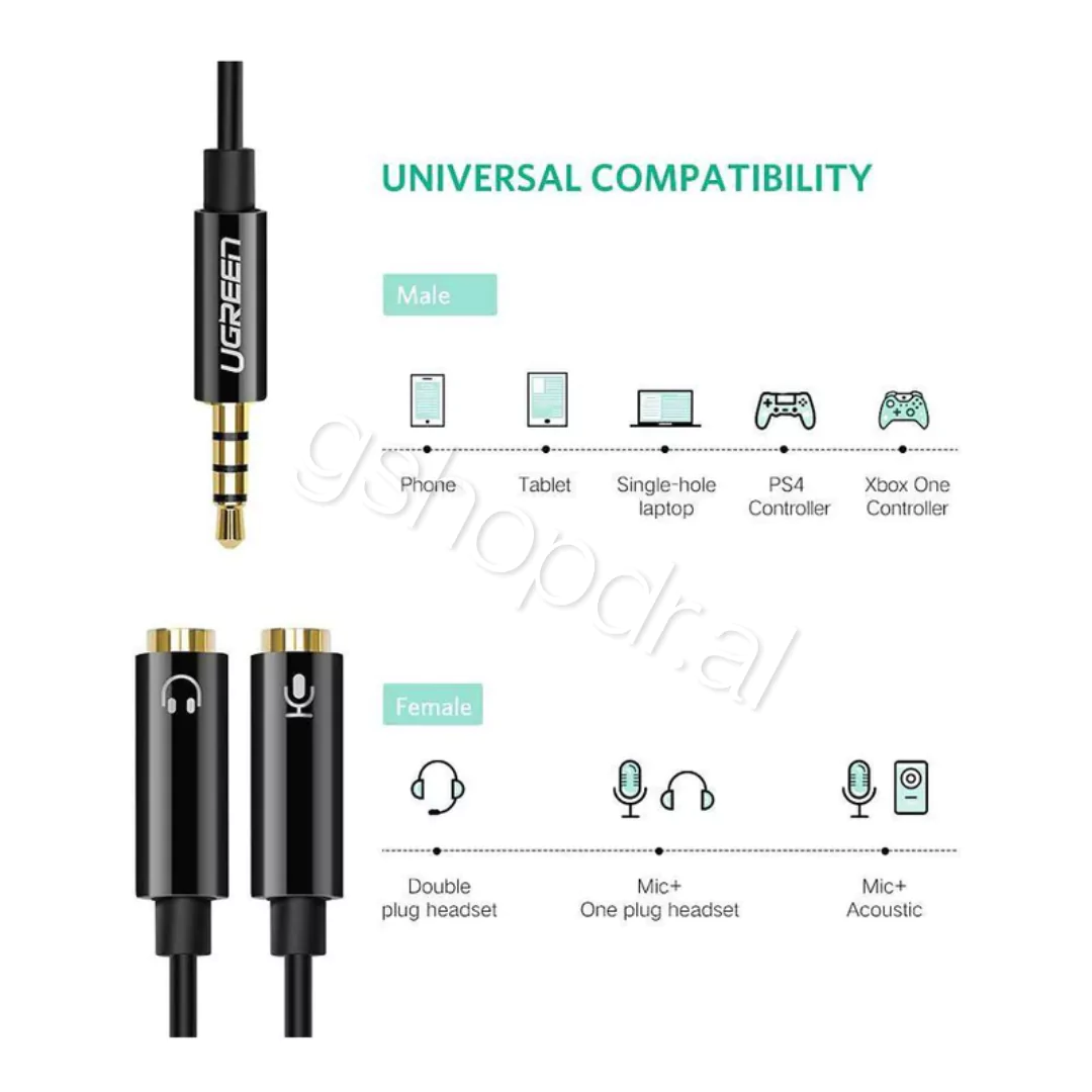 UGREEN 3.5mm Male to 2 Female Audio Cable ABS Case 30620 (2) Kabllo audio UGREEN 3.5 mm mashkull në 2 femra, kuti ABS 30620 Tirane